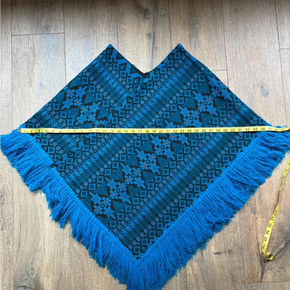 Vintage Guatemalan PONCHO Blue Black Orange Brocade Cotton Blend Hand Loomed - Picture 5 of 14